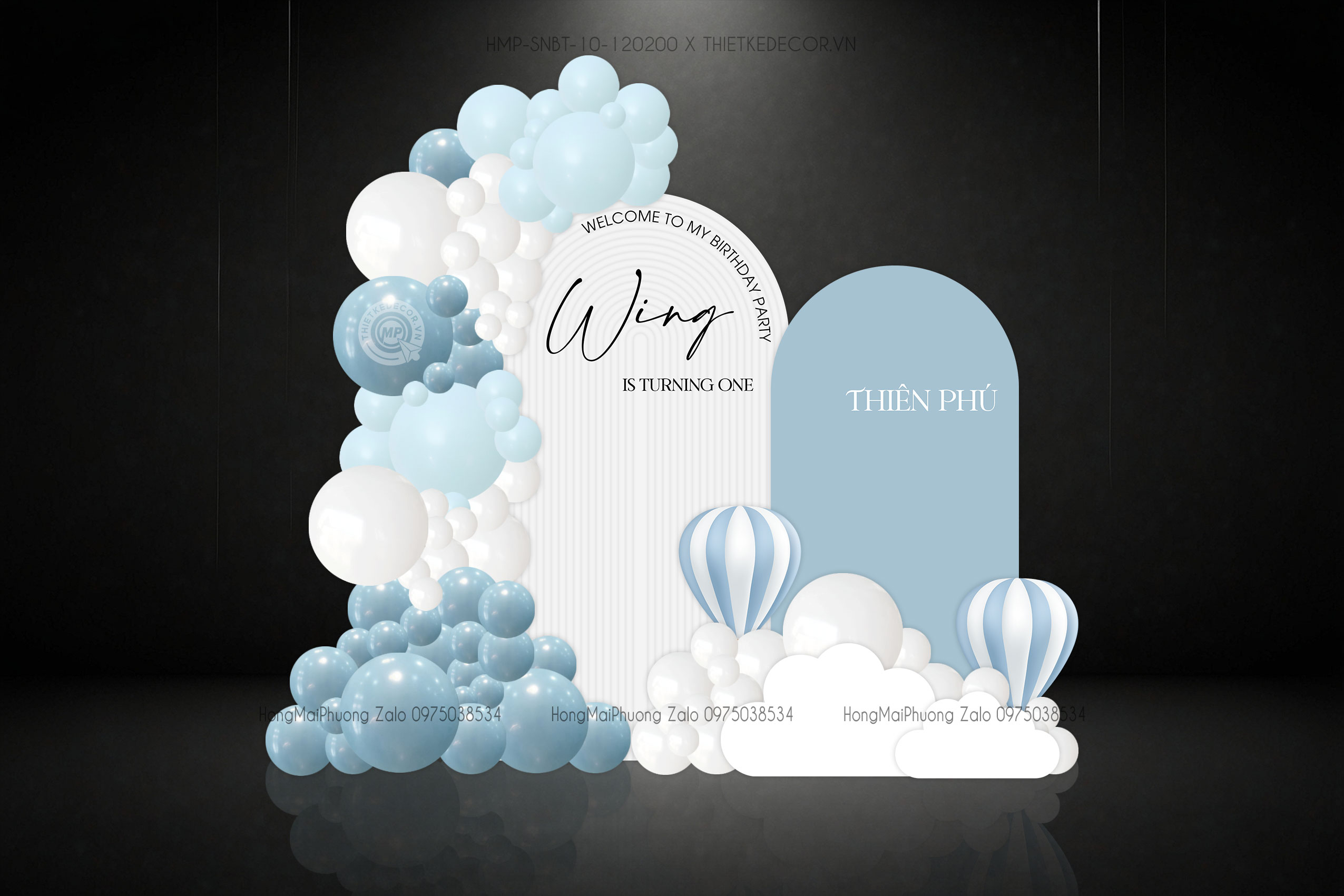 Sinh nhật bé trai tone xanh trắng, đám mây và khinh khí cầu